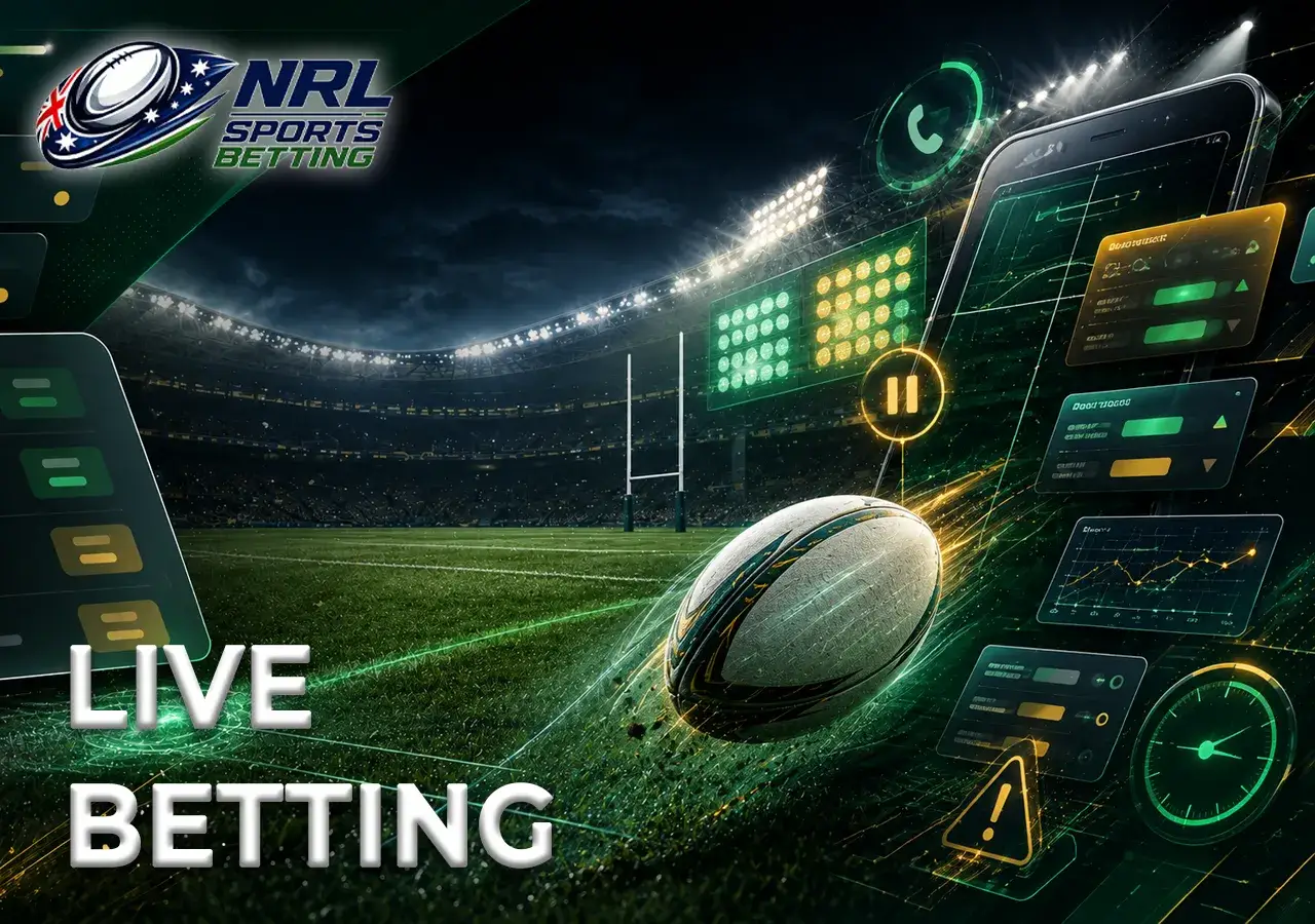 Live NRL betting with phone-call cue, match flow and shifting odds atmosphere